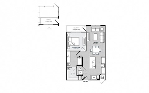 Floor plan for 1 bed, 1 bath, 818 sqft